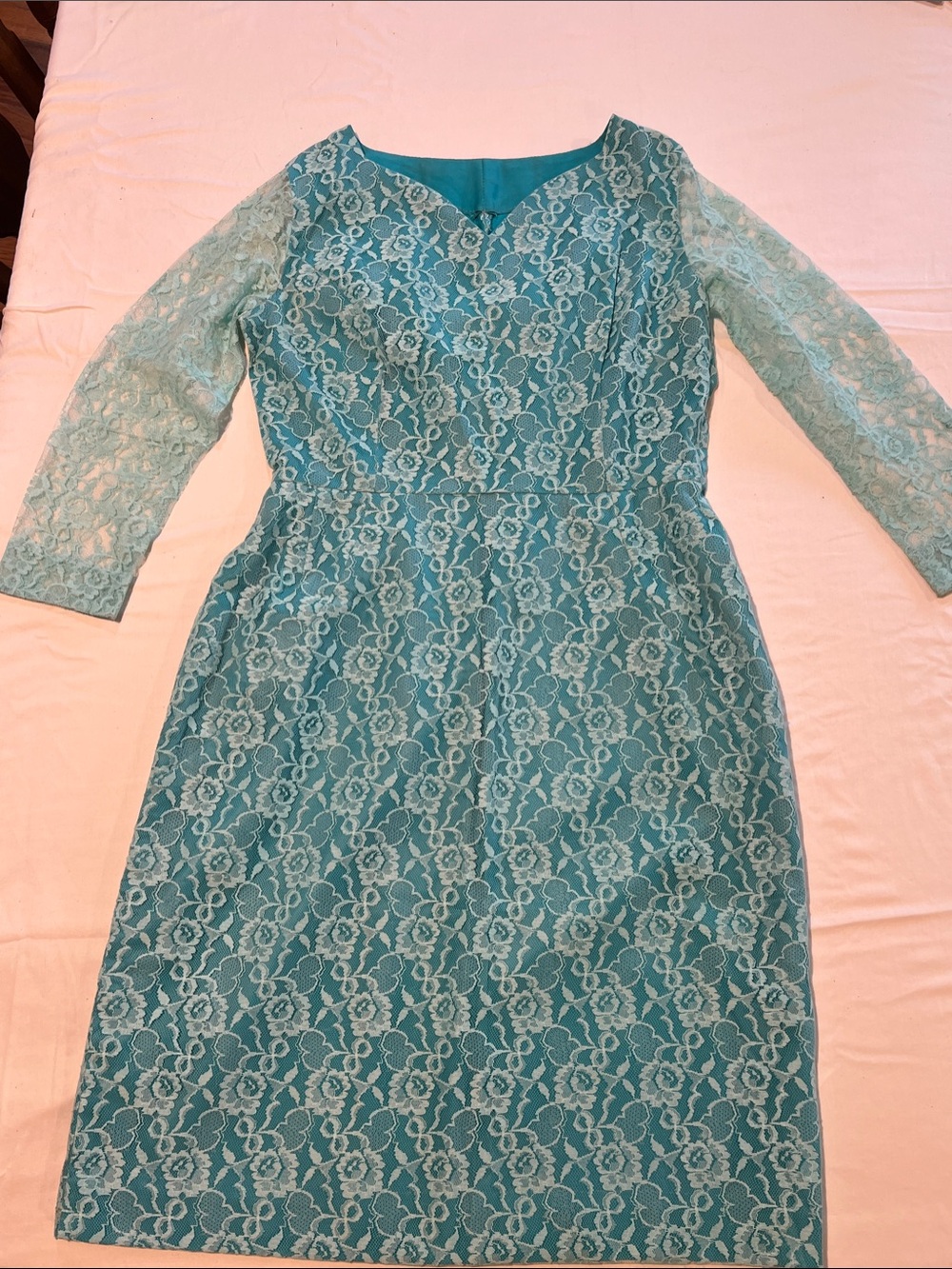 Vintage 1960s Handmade Teal Lace Cocktail Wiggle Dress Side Metal Zipper